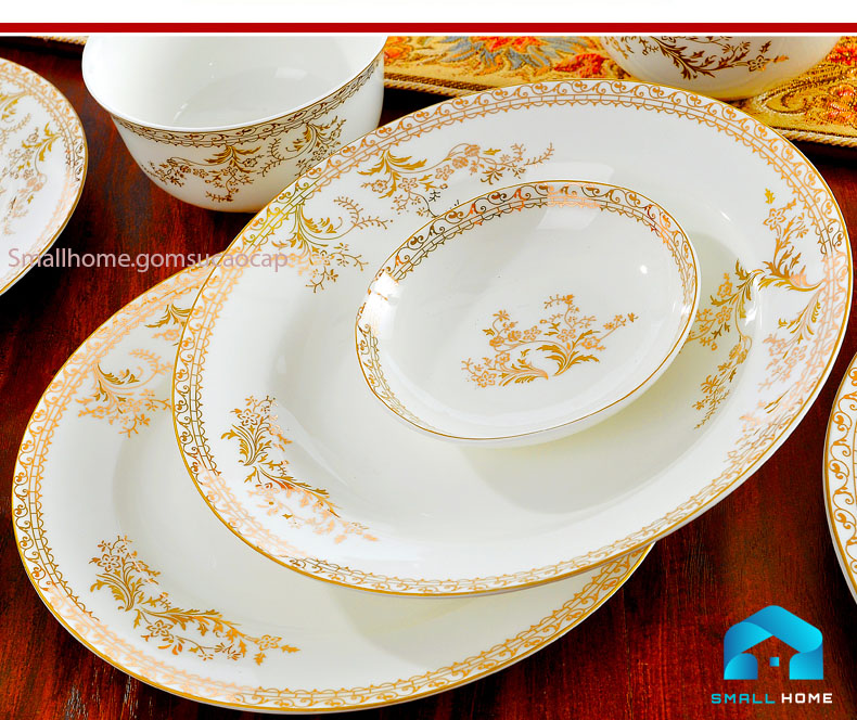 Bộ đồ ăn Thiên Kiều 56 món sứ xương cao cấp, họa tiết viền vàng sang trọng, phong cách hoàng gia Trung Âu