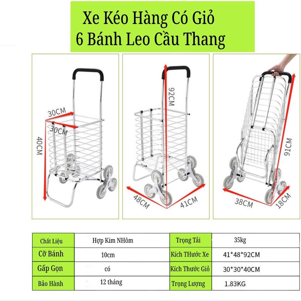 Xe kéo đi chợ leo cầu thang chuyên dụng, xe đi siêu thị 6 bánh cao cấp