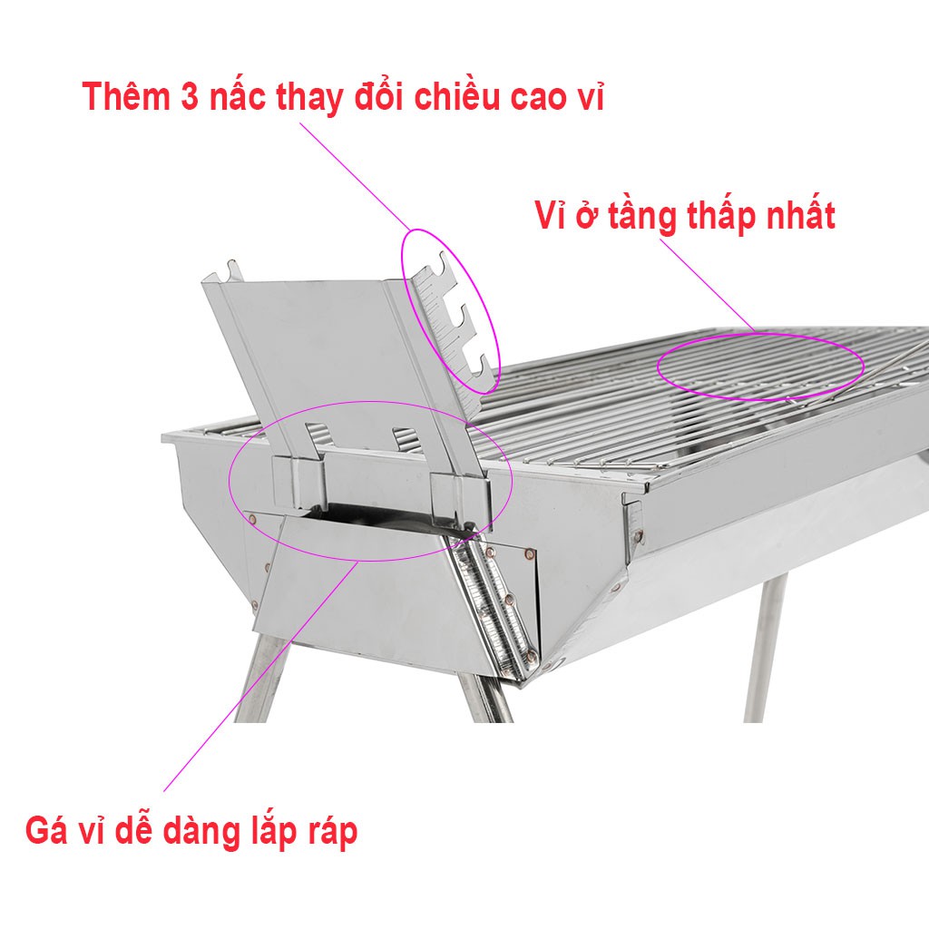 Bếp nướng than hoa Inox cỡ Đại, Chiều cao vỉ thay đổi GS915. Tặng kẹp nướng inox