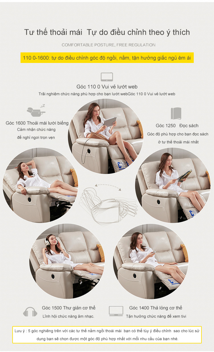 Bộ sofa phòng chiếu 4 ghế 5 tay vịn thông minh cao cấp nhập khẩu UY-110CM