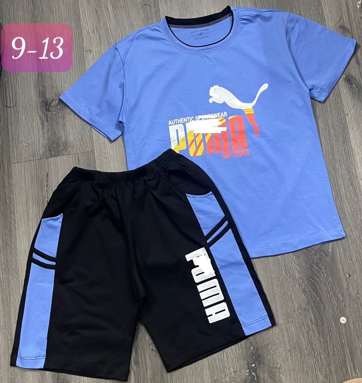 Bộ bé trai cộc tay 6-11 tuổi in chữ PUM và logo, Đồ bộ hè cho bé vải cotton cao cấp thấm hút mồ hôi