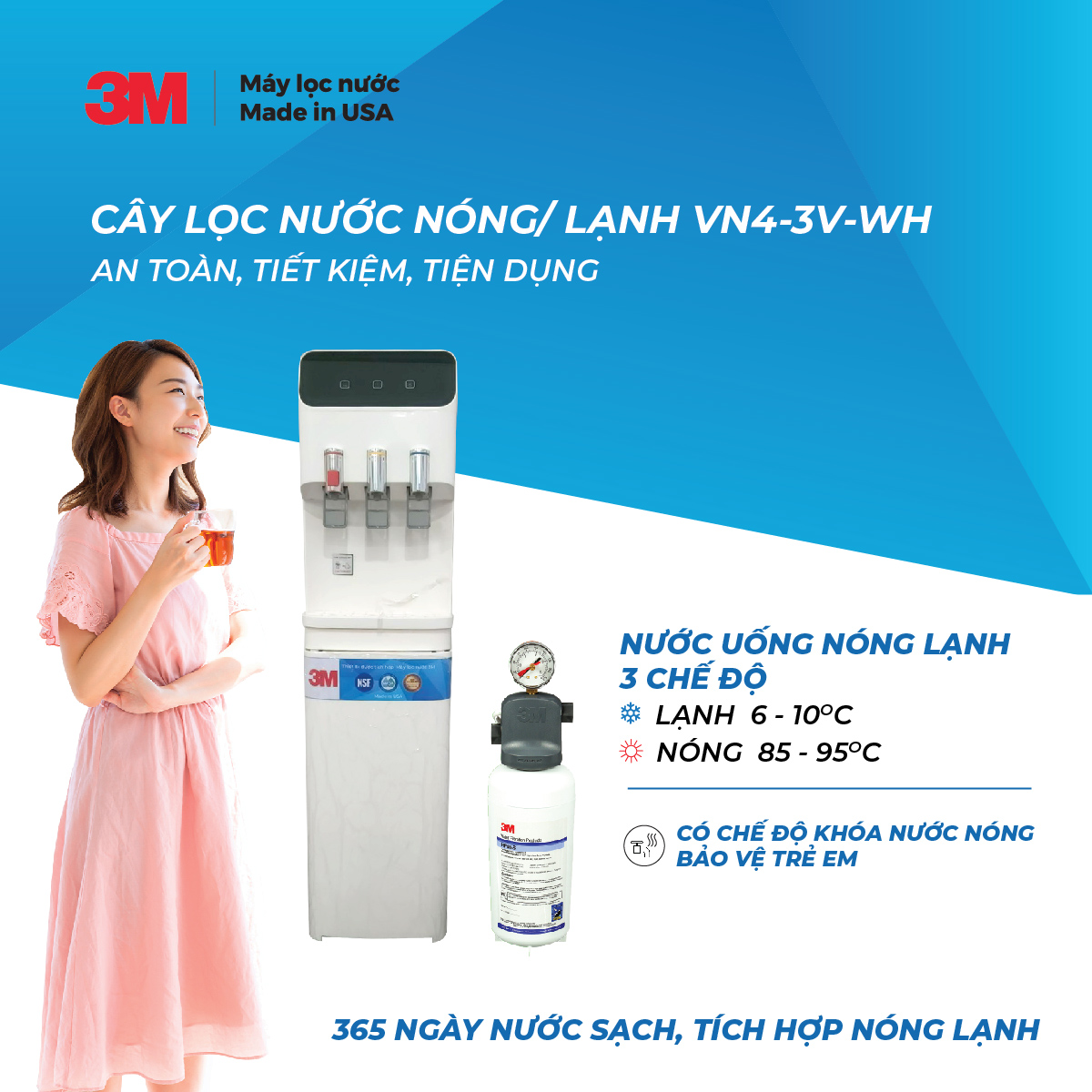 Máy Lọc Nước Nóng Lạnh 3 Vòi 3M VN4-3V Màu Trắng (Sử Dụng Máy 3M ICE140-S) - Hàng Chính Hãng