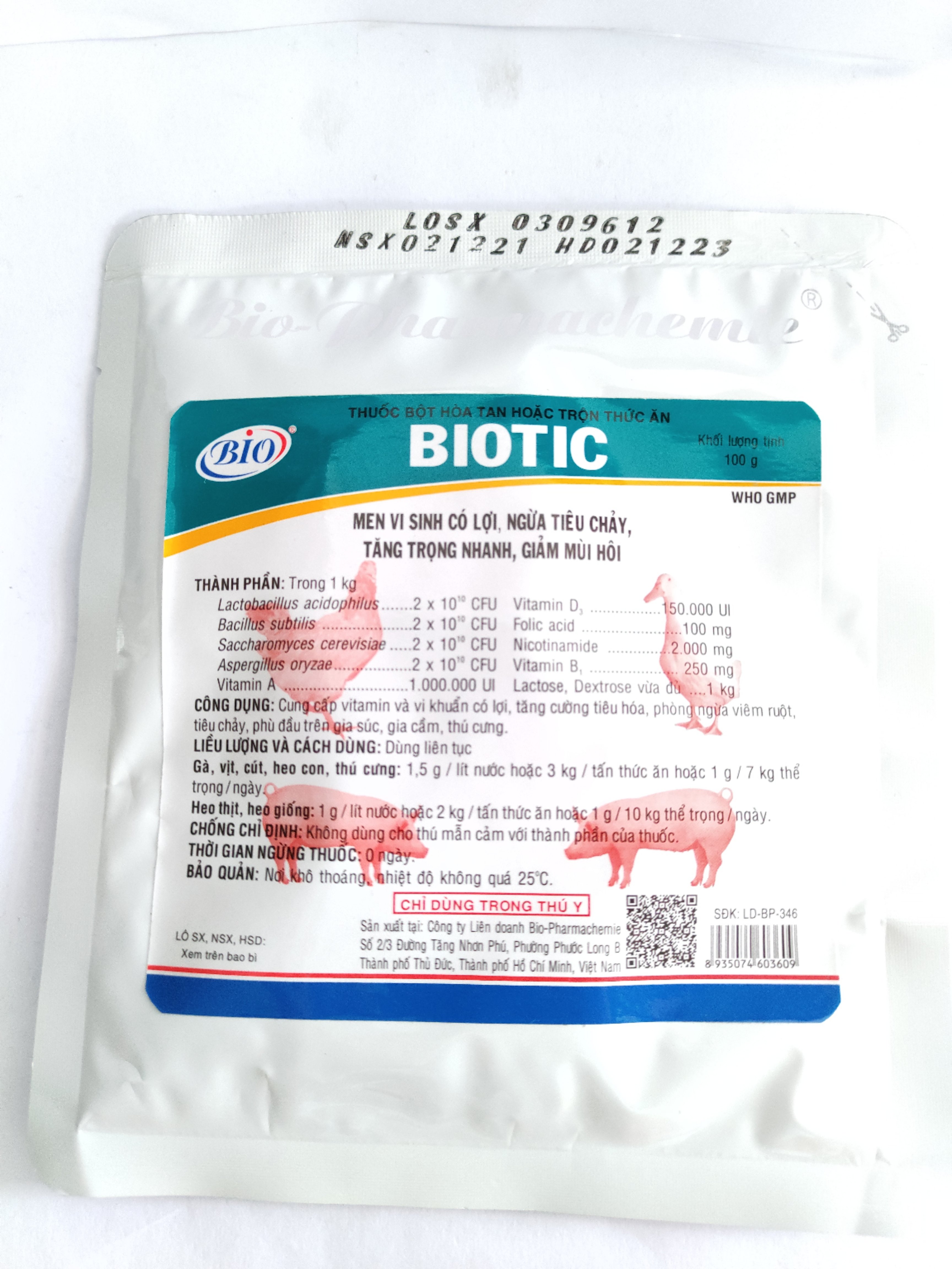 BIOTIC 100G Thuốc bột hoà tan hoặc trộn thức ăn men vi sinh có lợi, ngừa tiêu chảy, tăng trọng nhanh,giảm mùi hôi