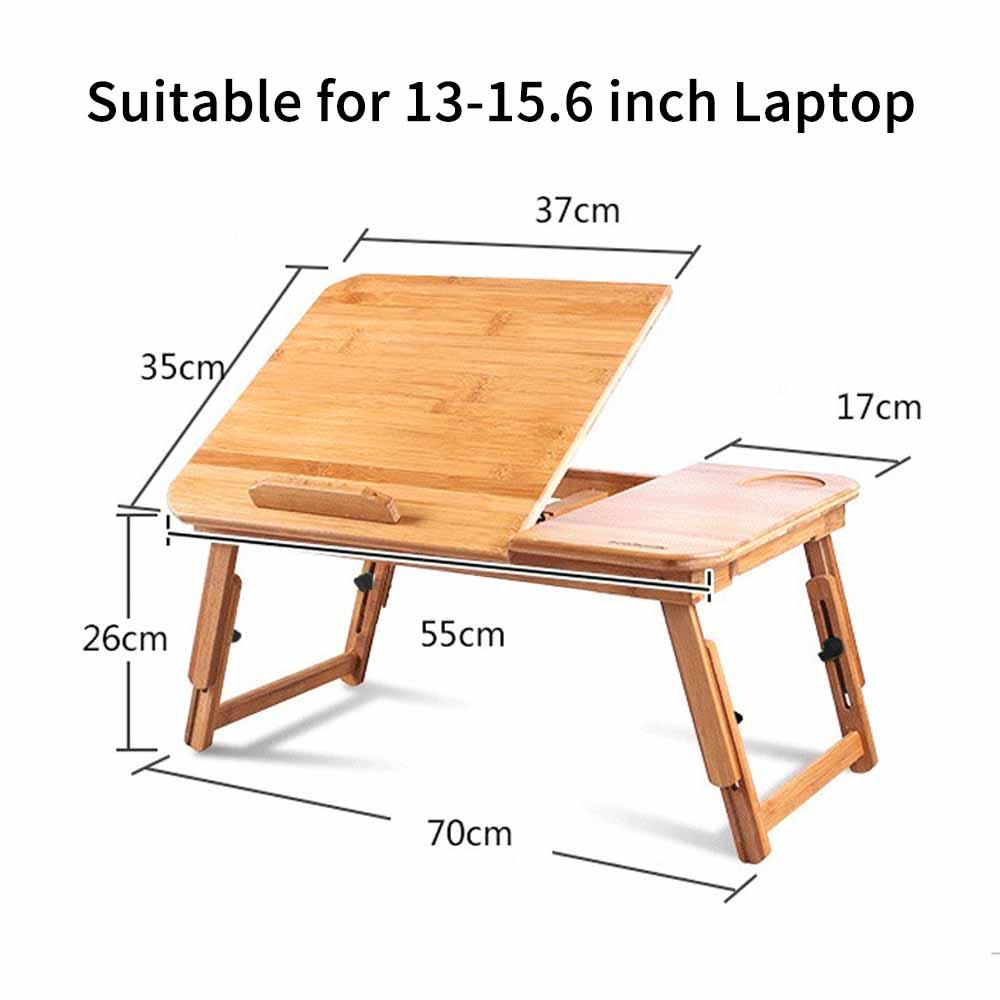 Foldable Bamboo Laptop Table 4-gear Adjustable Laptop Desk with Drawer Cup Slot for 13-15.6 inch Laptop