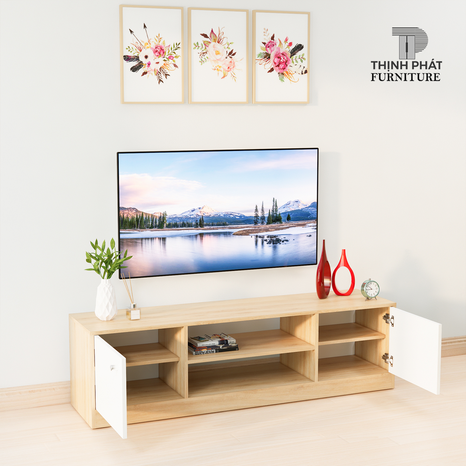 KỆ TIVI – KỆ TV THIẾT KẾ HIỆN ĐẠI DÀI 1M4 – THỊNH PHÁT FURNITURE KTV-TP04 (140cm x 50cm x 40cm)