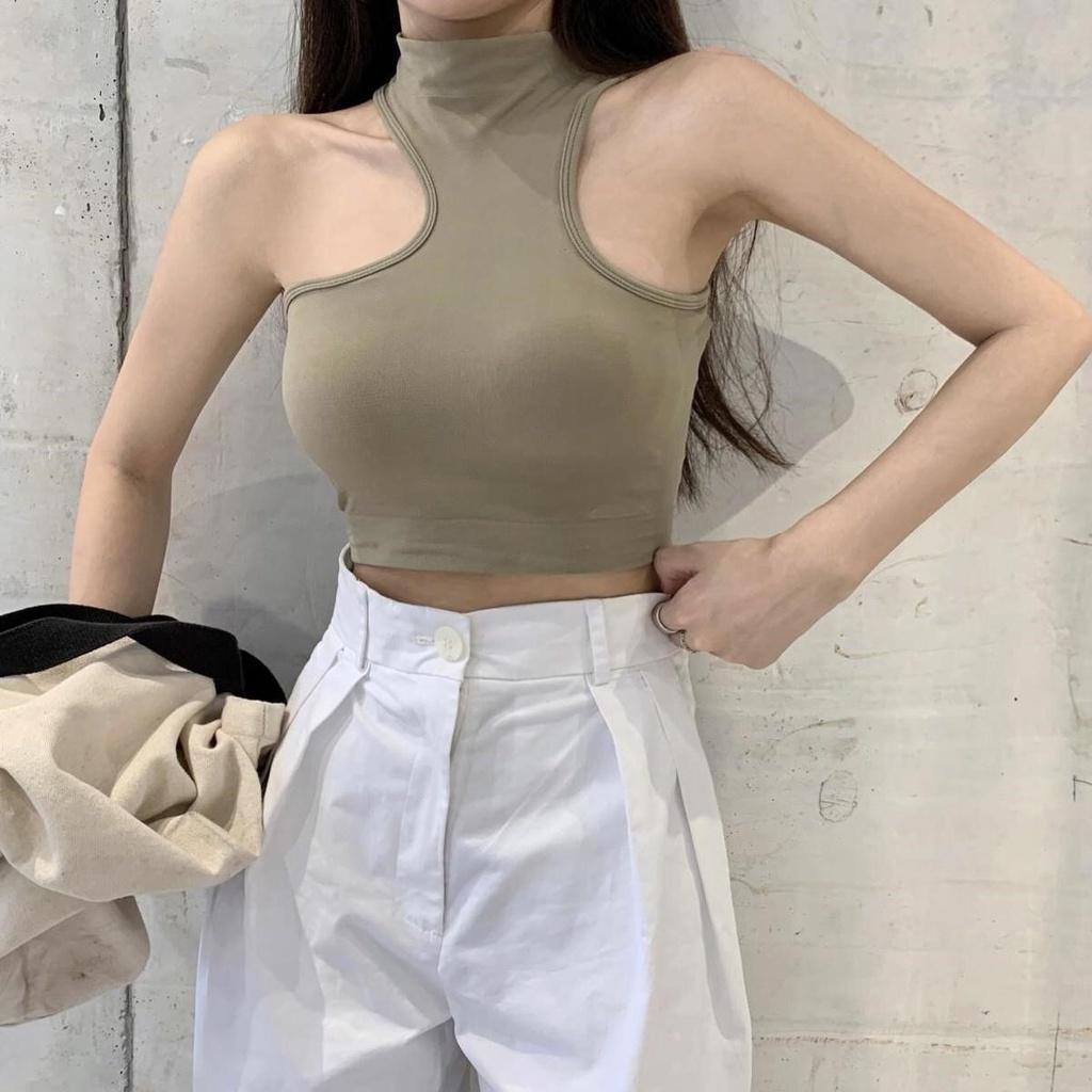 MS637 Áo kiểu nữ cổ yếm cao cut out sát nách croptop cá tính