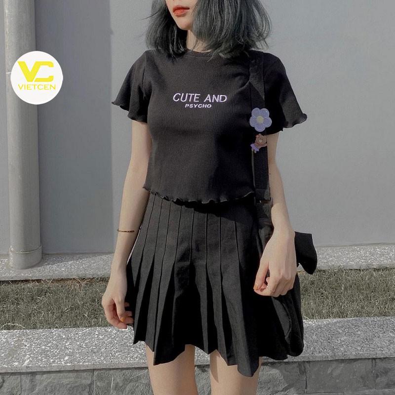 Áo croptop nữ ôm kiểu viền bèo áo crtop ngắn tay CUTE 2 màu trắng đen chất thun đẹp mịn mát