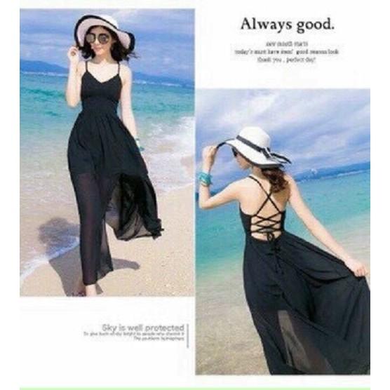 Đầm maxi hai dây đan dây lưng ba màu màu trắng màu đen và màu đỏ