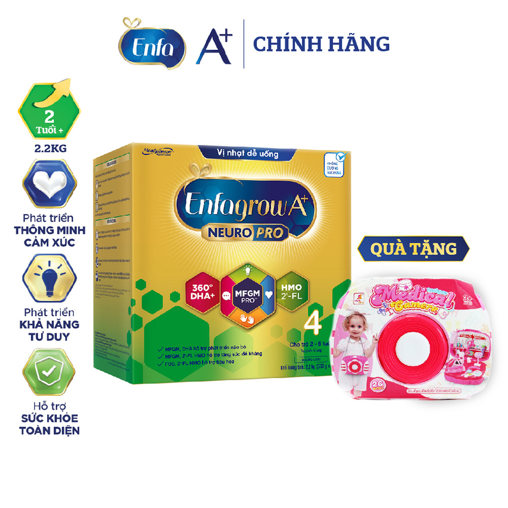 Bộ 1 hộp sữa bột Enfagrow A+ NeuroPro 4 2’FL HMO vị nhạt dễ uống cho trẻ từ 2-6 tuổi 2.2kg - Tặng 1 Đồ Chơi Camera cho bé