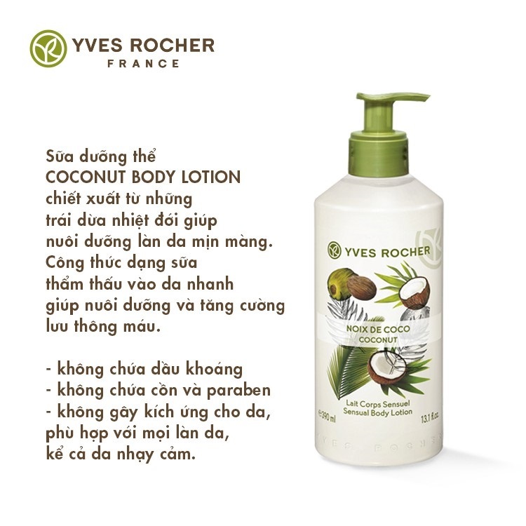 Combo Gel tắm Yves Rocher 400ml + Dưỡng thể Yves Rocher 390ml - Hương Dừa