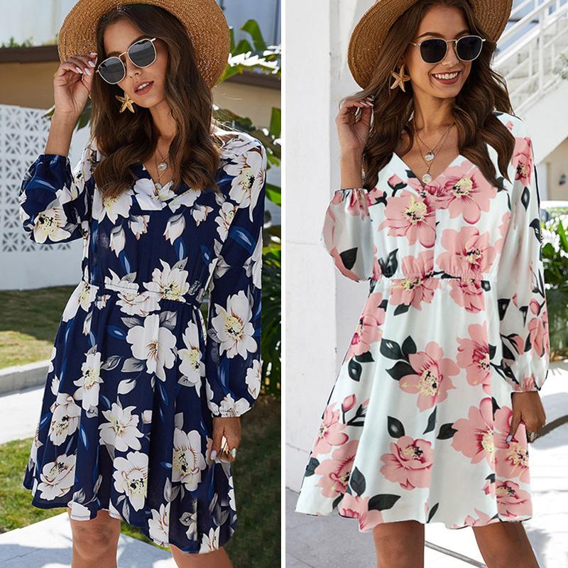 Sexy Women Dress Floral Print V Neck Long Sleeves Backless Self-tie Elastic Waist Ruffle Beach Casual Mini Dress Dark