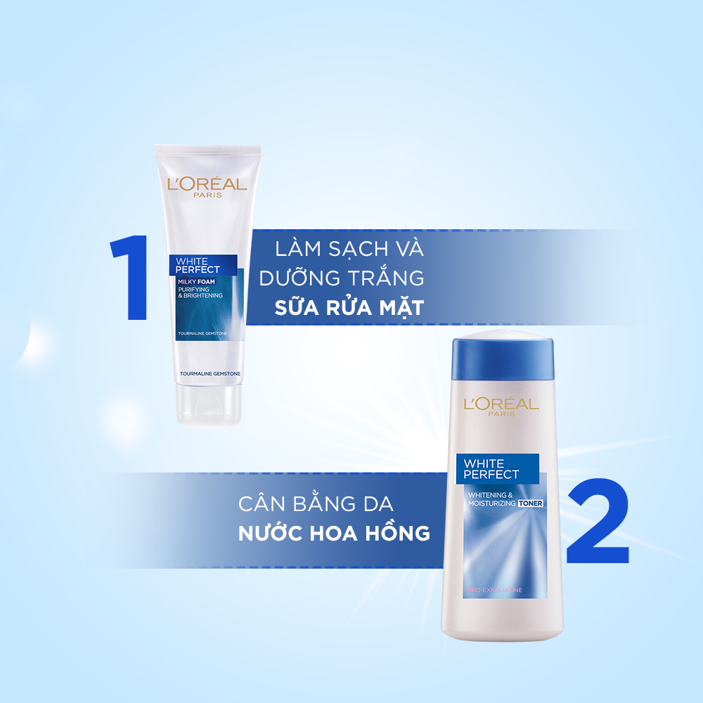 Bộ đôi sữa rửa mặt 100ml và nước hoa hồng 200ml giúp làm sạch trắng mịn da L'Oreal Paris White Perfect