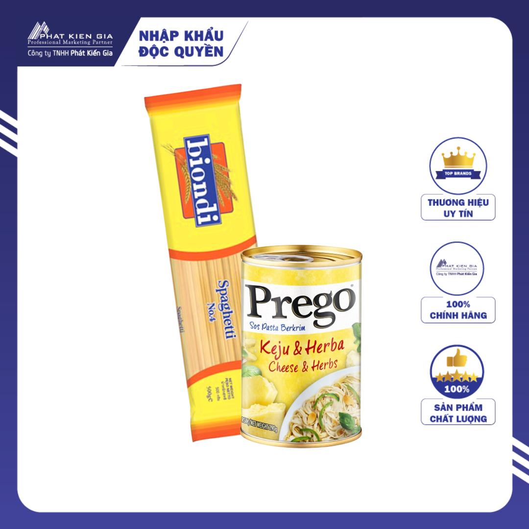 COMBO 1 Hộp Sốt Mì Ý Phô Mai &amp; Thảo Mộc Prego 290g + 1 Gói Mì Ý Spaghetti Số 4 Biondi 500g