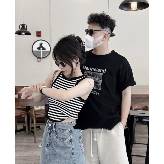 Áo sát nách, Áo ba lỗ kẻ đuôi tôm hai màu đen trắng bo viền hàng đẹp phong cách Hàn Quốc freesize PHULA