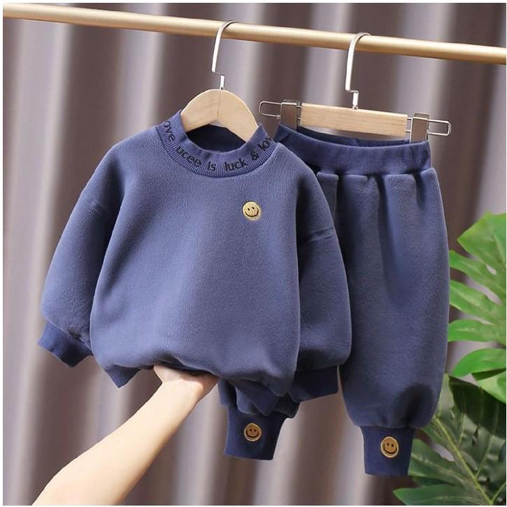 Bộ Nỉ Bông Thêu Mặt Cười Cực Xinh Và Ấm, Bộ Nỉ Cho Bé Trai, Bé Gái - SUMO KIDS