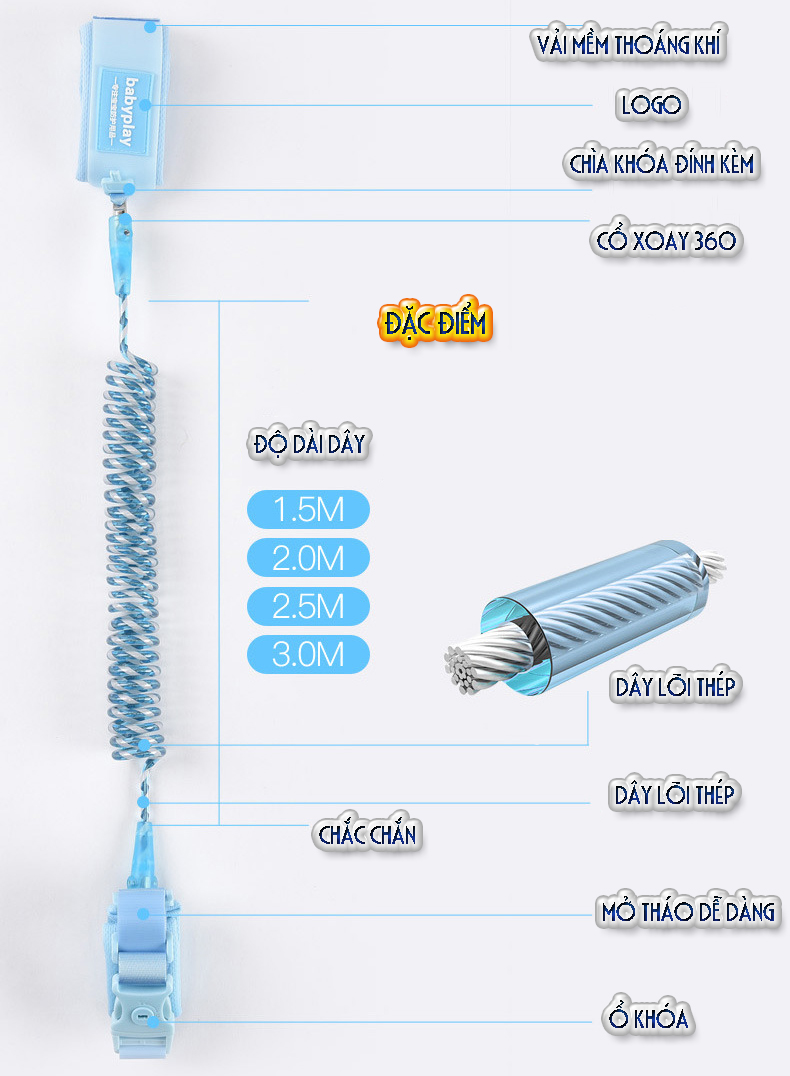 VÒNG DÂY ĐAI ĐEO TAY DẮT TRẺ EM CHỐNG ĐI LẠC - DÂY LÕI THÉP SIÊU NHẸ - PHÁT SÁNG BUỔI TỐI – DÂY CUỘN LÒ XO GỌN GÀNG - DH2011