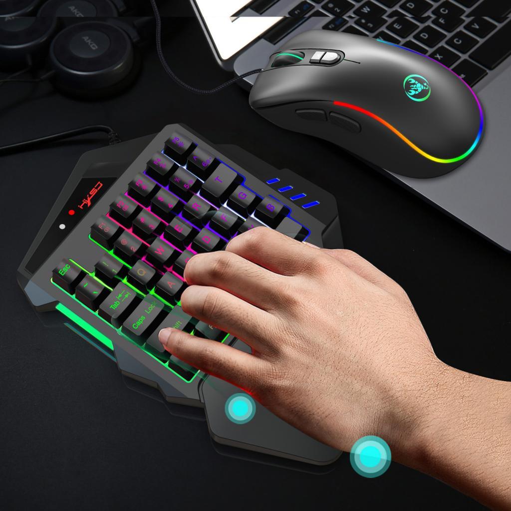 One Handed Keyboard, Wired 35 Keys LED Backlit Gaming Keyboard, Ergonomic Mini Single Handed Keypad with Wrist Rest, Built-in Keyboard Mouse Adapter
