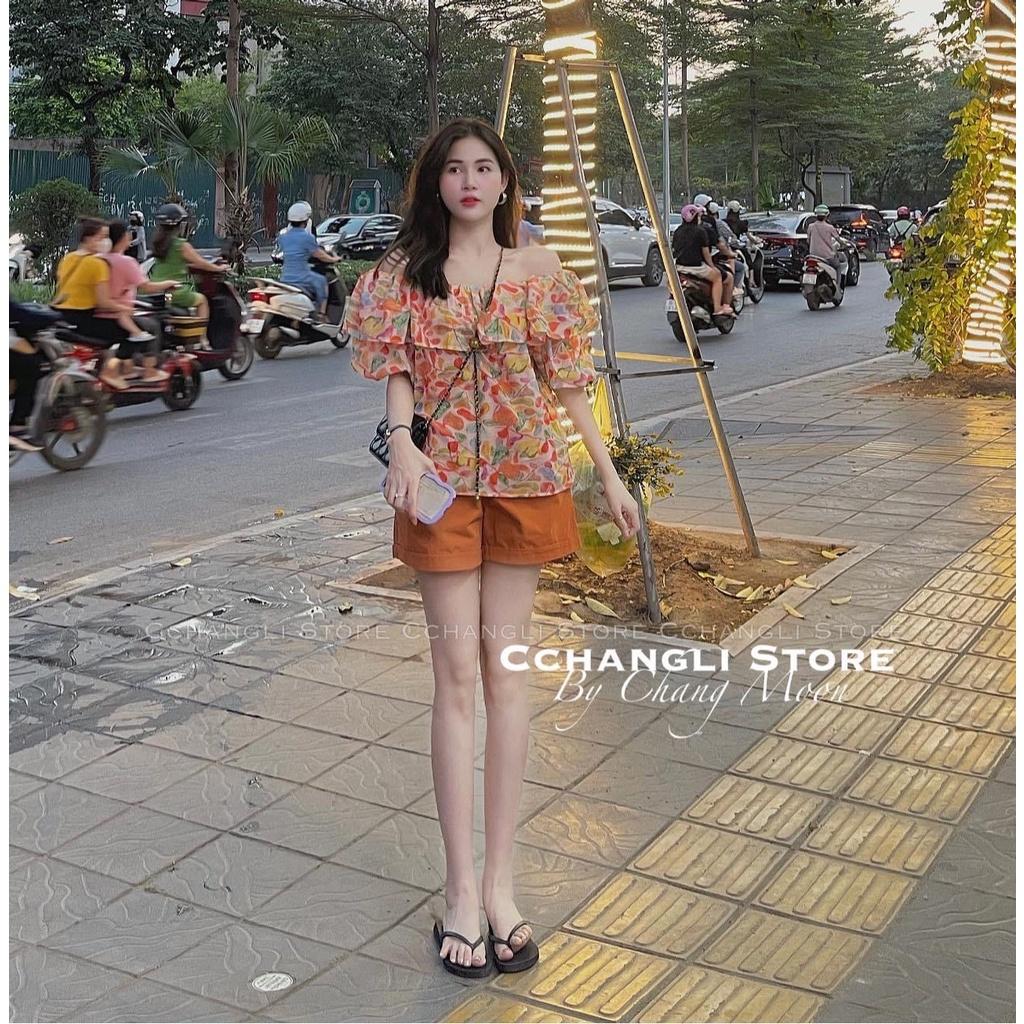 SET BỘ ĐI CHƠI, SET 2 MÓN ÁO HOA CAM RỚT VAI PHỐI QUẦN ĐÙI CỰC CUTE