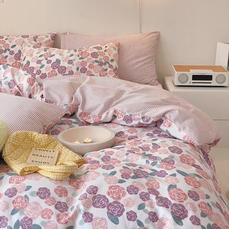 Set Cotton Living Hàn Quốc Dây Nơ Hàng Nhập Khẩu Cao Cấp Hoa Nhí Hồng