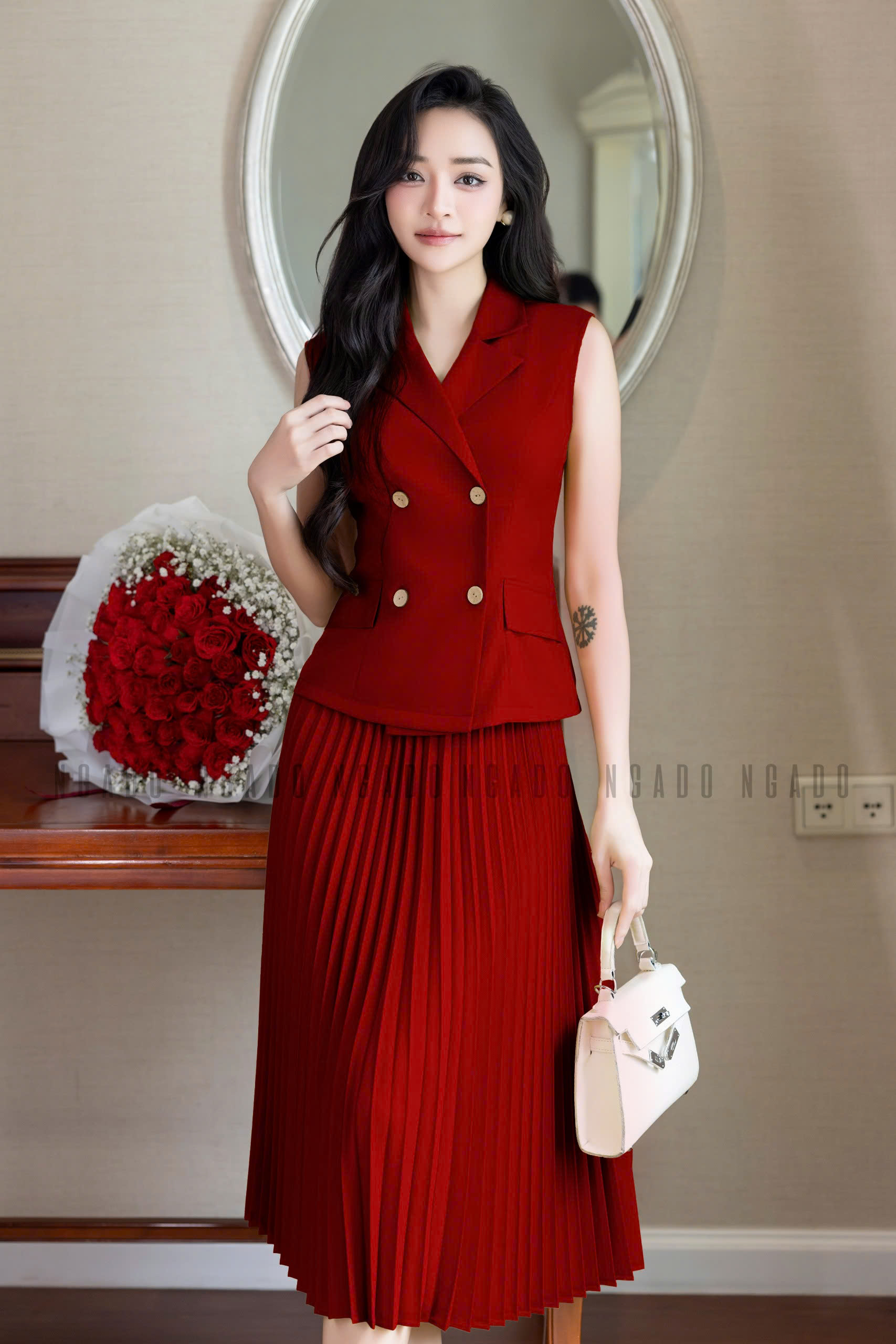 Set áo đỏ chân váy dập ly NGADO , set áo váy dài , set Nữ , set dự tiệc , công sở