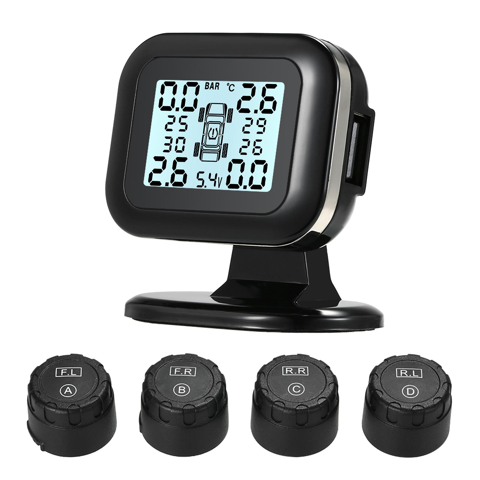 TPMS Tire Pressure Monitoring System Wireless Real-time LCD Display 4 External Sensors Alarm Function