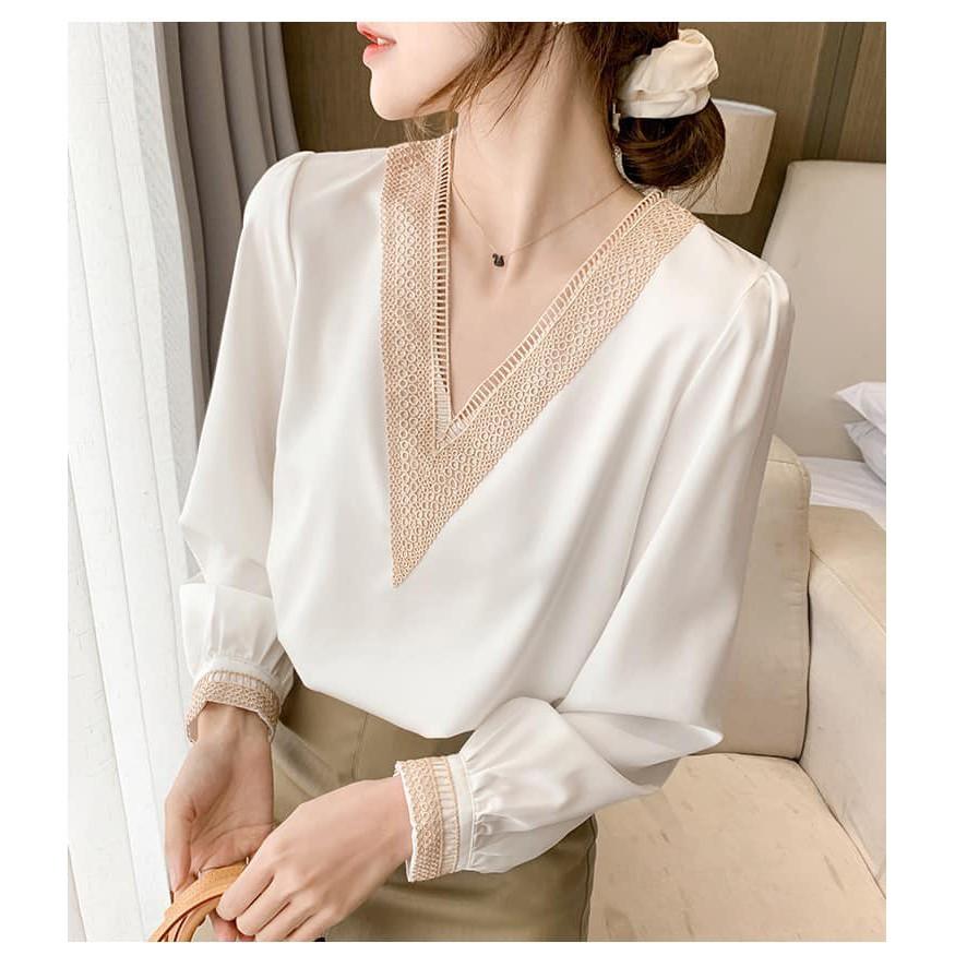 ÁO KIỂU NỮ TAY DÀI PHỐI REN Công sở, du lịch, Event, đi chơi, đi tiệc, dạo phố... - SA015
