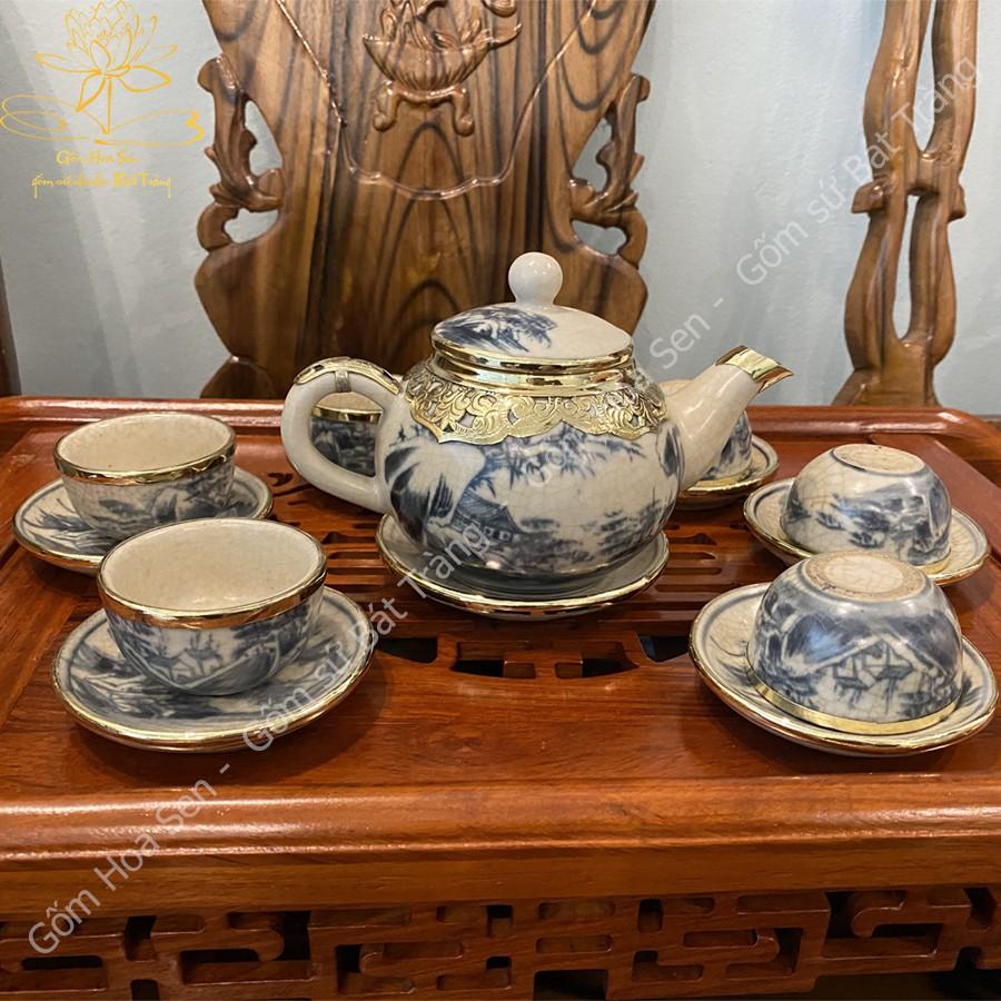 Bộ Ấm Chén Dáng Quả Hồng Men Rạn Giả Cổ Bọc Đồng