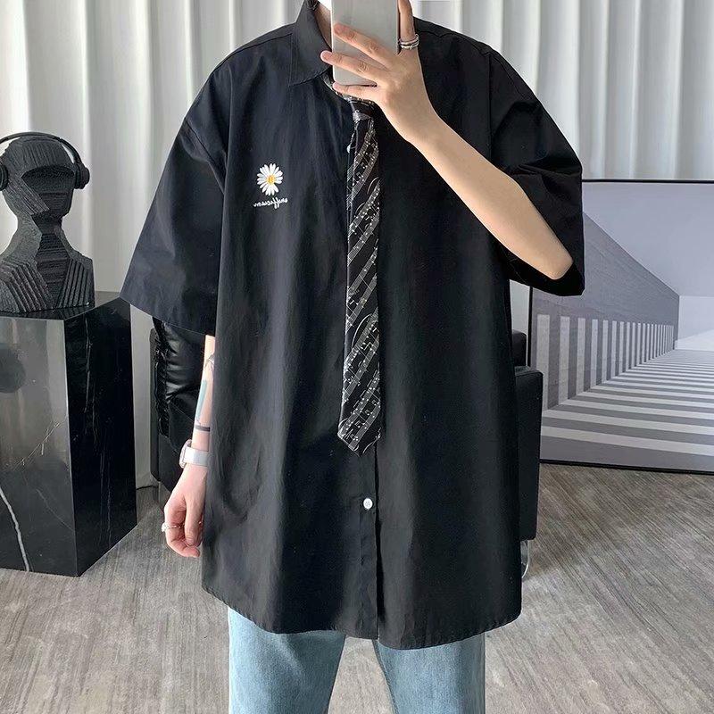 Áo Sơ Mi Ngắn Tay Thêu Họa Tiết Hoa Phong Cách Hàn Quốc Dành Cho Nam / Size M-2Xl