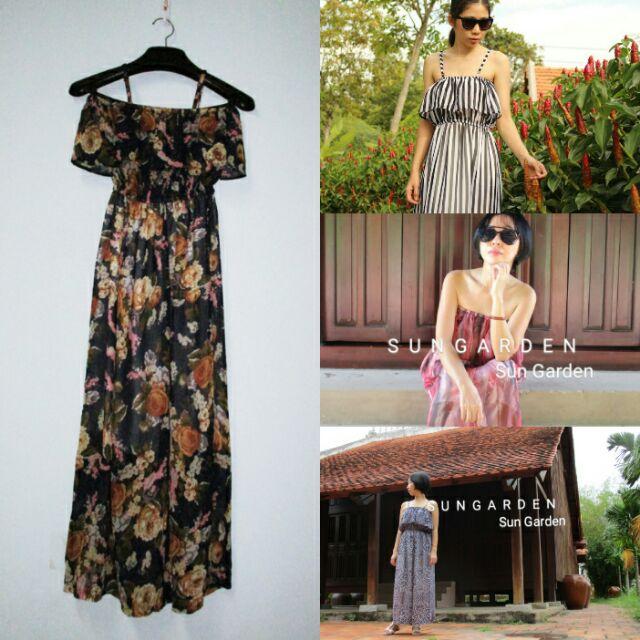 Hd01_Đầm maxi 2 dây nhúng bèo hoa cúc thanh lịch_Sun Garden