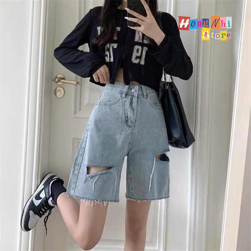 Quần Short Jean Ngố Đùi Rách Gối Cạp Cao Ống Rộng Ulzzang - MM