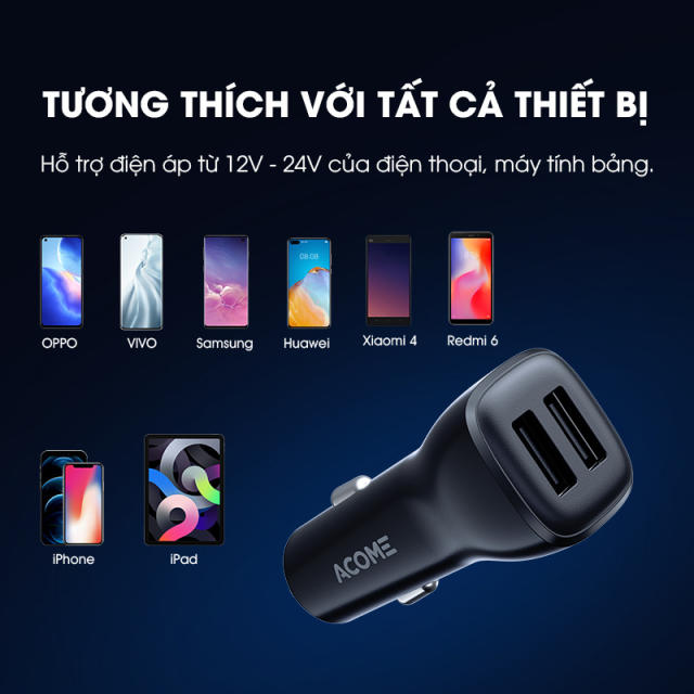 Tẩu Sạc Ô Tô ACOME ACC05 2 Cổng USB Hỗ Trợ Sạc Nhanh Tương Thích Với Nhiều Thiêt Bị - Hàng chính hãng bảo hành 12 tháng