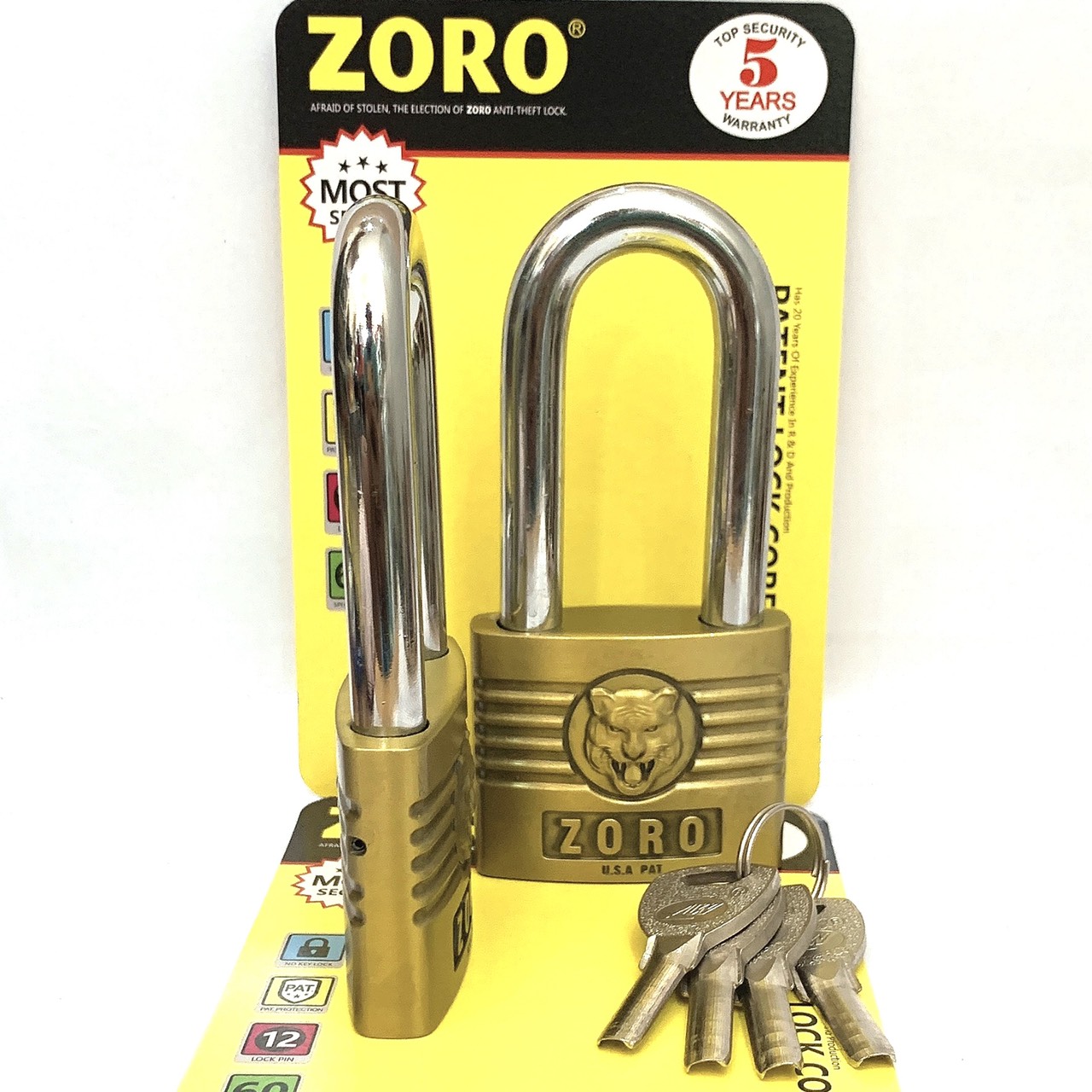 Ổ khóa ZORO 6 phân đầu cọp càng dài - khóa cửa càng dài chống gỉ chống cắt bền bỉ cao cấp