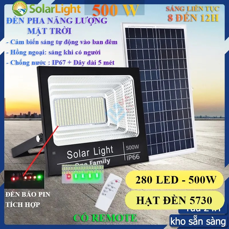 Đèn năng lượng mặt trời solar light 500w có REMOTE công suất lớn sáng 8h&gt;12h liên tục bảo hành 24 tháng