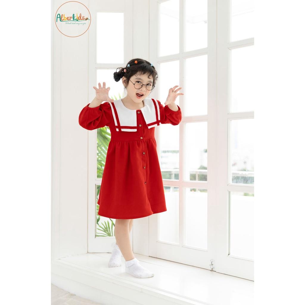 Váy bé gái ALBERKIDS tay dài đỏ nhung tăm phối cổ trắng xinh đẹp cho trẻ em gái từ 2,3,4,5,6,7,8,9,10,11,12 tuổi [V35