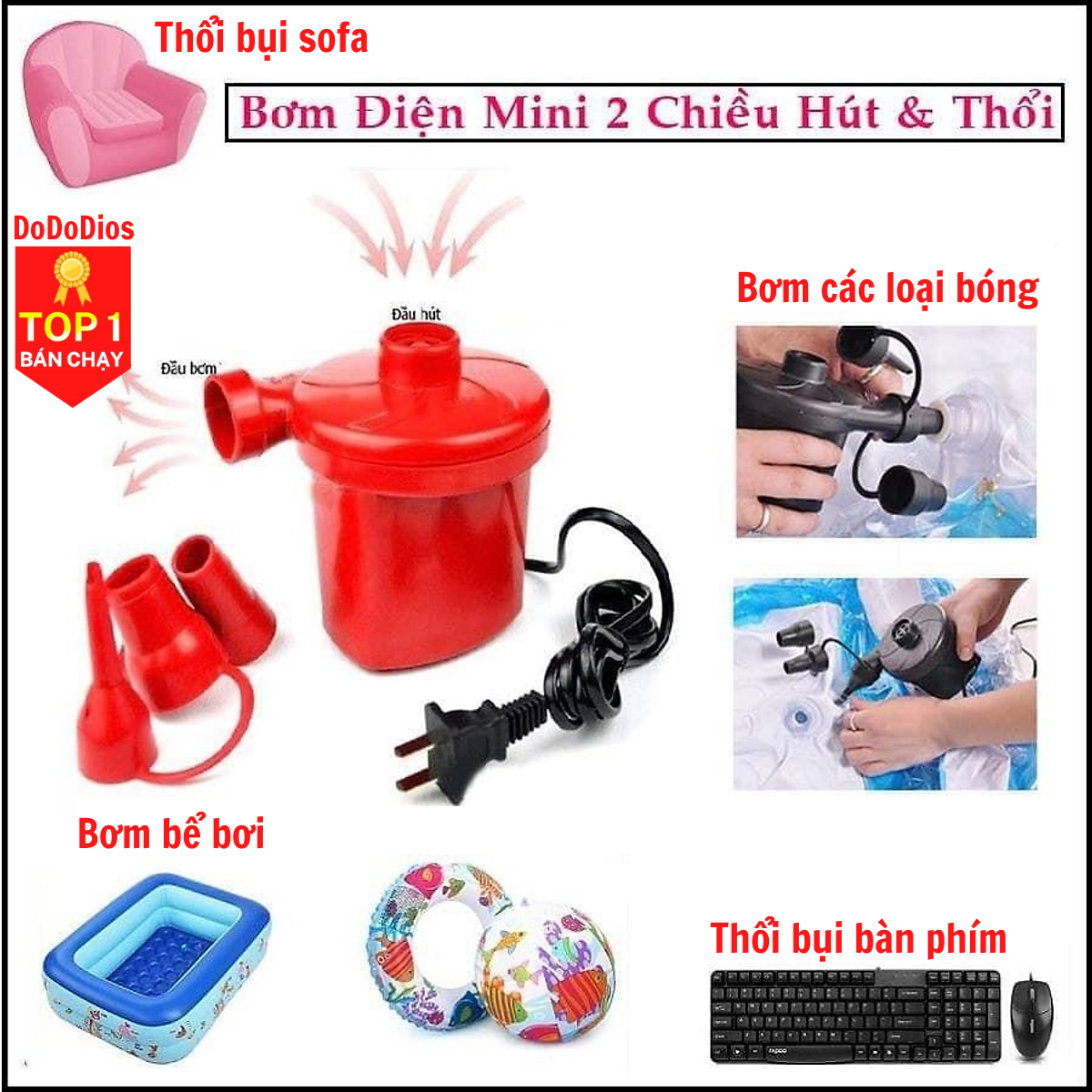 Hình ảnh Bơm điện 2 chiều bơm và hút chân không cao cấp chuyên dụng để bơm phao bơi, ghế, nệm hơi - Chính hãng DoDoDios