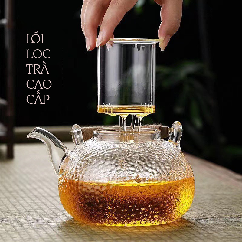 Bình trà thủy tinh Borosilicate vân nhám tay cầm kim loại - Phân loại gồm 700ML lõi lọc lò xo và 900ML lõi lọc thủy tinh