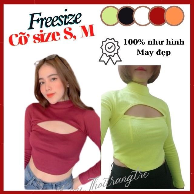 Áo Thun Croptop Nữ Hở Khoét Ngực Dài Tay Cổ Lọ Màu Đen Xanh Cam Đỏ-Áo CRT Kiểu Hở Ngực Tay Dài Thun Gân Ngắn Sexy