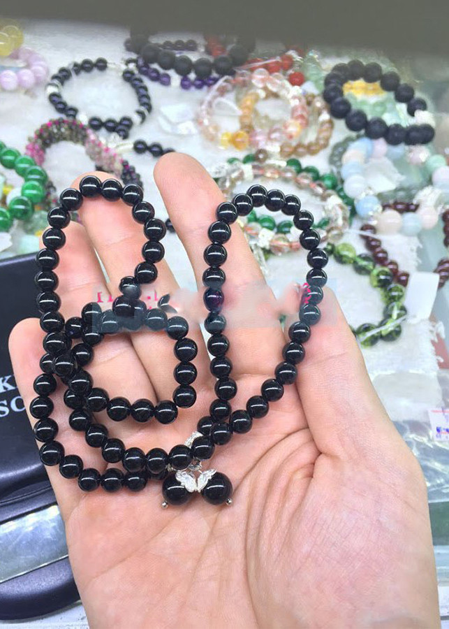 Vòng tay đá mã não đen 6mm 108 hạt mix charm bạc