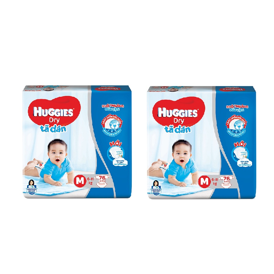 2 Gói Tã Dán Huggies Dry Gói Cực Đại M76 (76 Miếng) - Bao Bì Mới