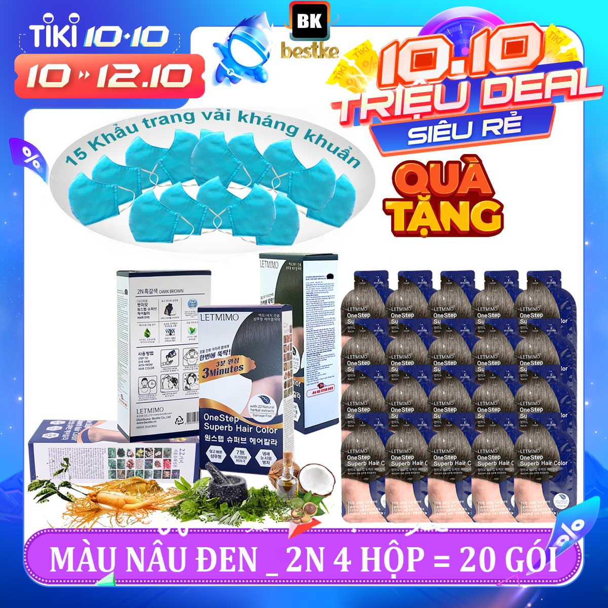 Combo 4 Hộp = 20 gói màu phủ bạc Nâu Đen_2N LETMIMO + QUÀ TẶNG 15 Khẩu trang vải kháng khuẩn BK_bestke