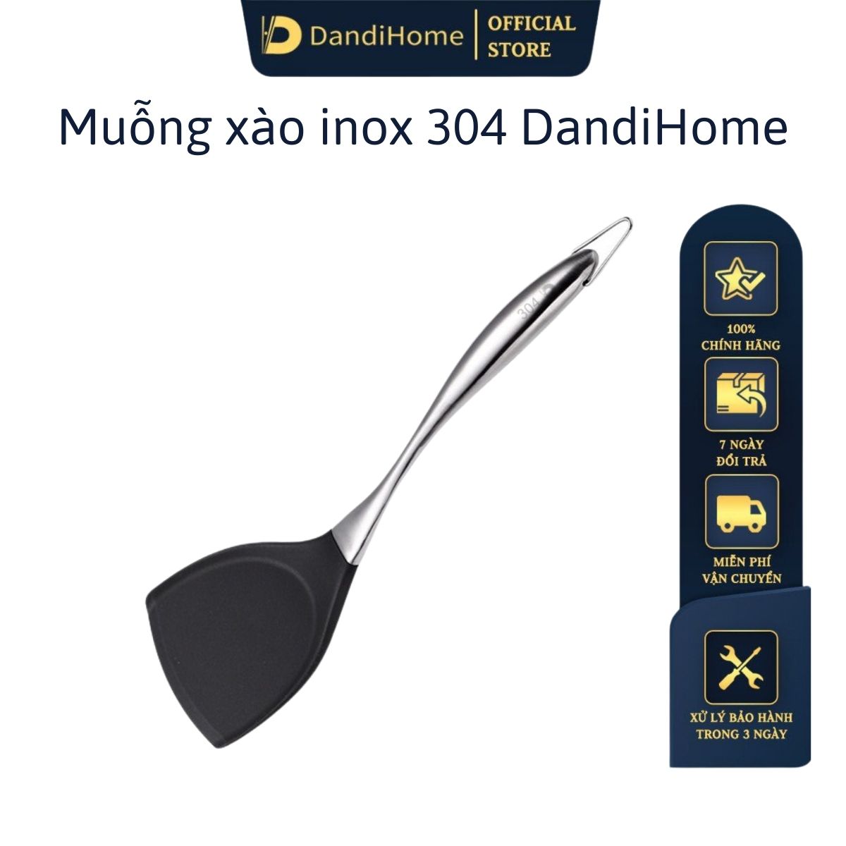 Muỗng xào DandiHome Inox 304 kết hợp bề mặt muỗng silicon cao cấp - chịu được nhiệt độ cao, an toàn với chảo chống dính