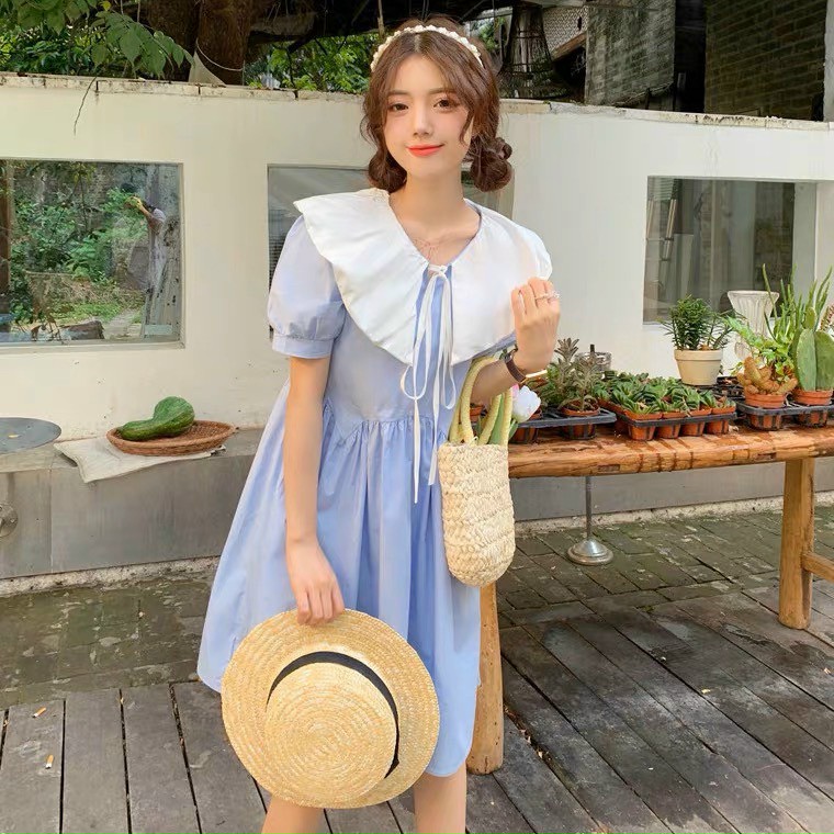 Váy babydoll phối cổ trắng, đầm bầu dáng dài, Đầm xòe ulzzang cổ bèo tiểu thư