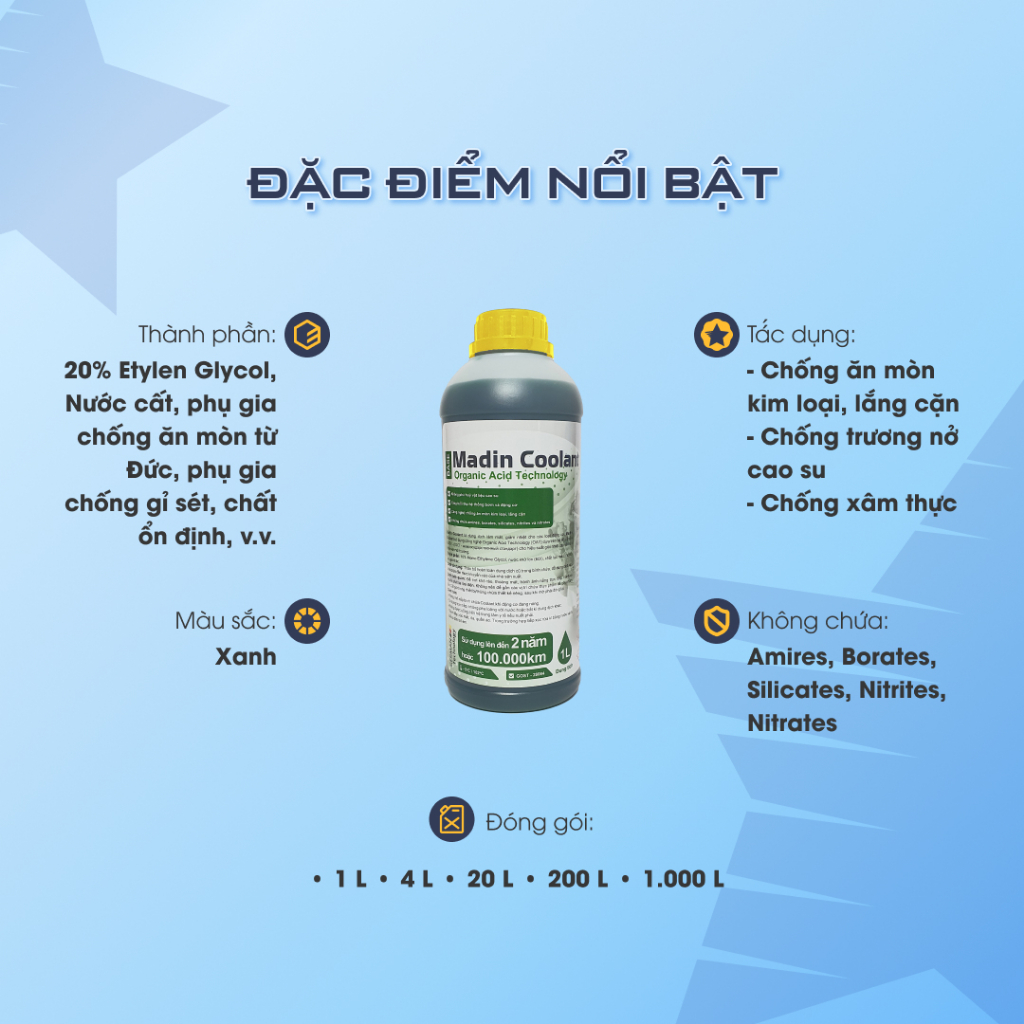 Nước làm mát ô tô, xe máy, động cơ Madin Coolant Base 20% Mono Ethylen Glycol