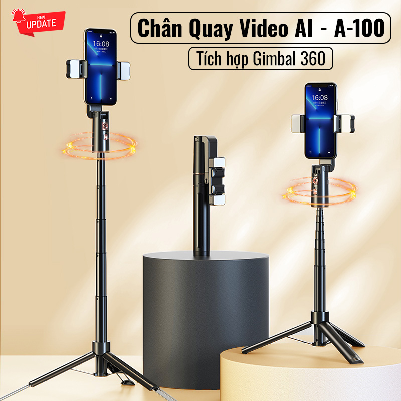 Chân quay video, livestream, chụp ảnh AI thông minh A100 cho điện thoại, dõi theo chủ thể khi chuyển động, có điều khiển gimbal 360, hàng chính hãng