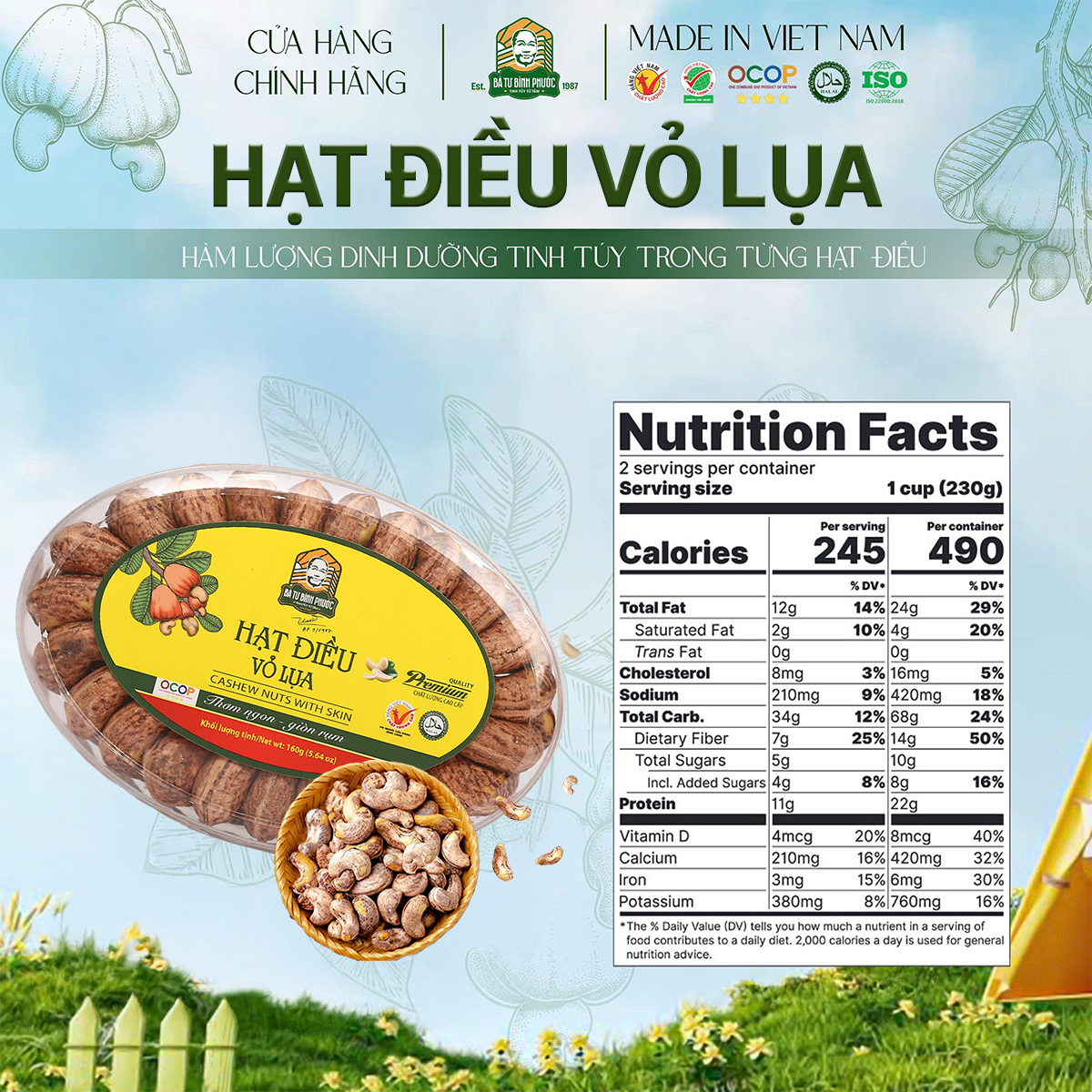 Hạt Điều Vỏ Lụa Bà Tư Bình Phước 160G – Giòn Bùi Tự Nhiên, Đậm Đà Hương Rang Củi