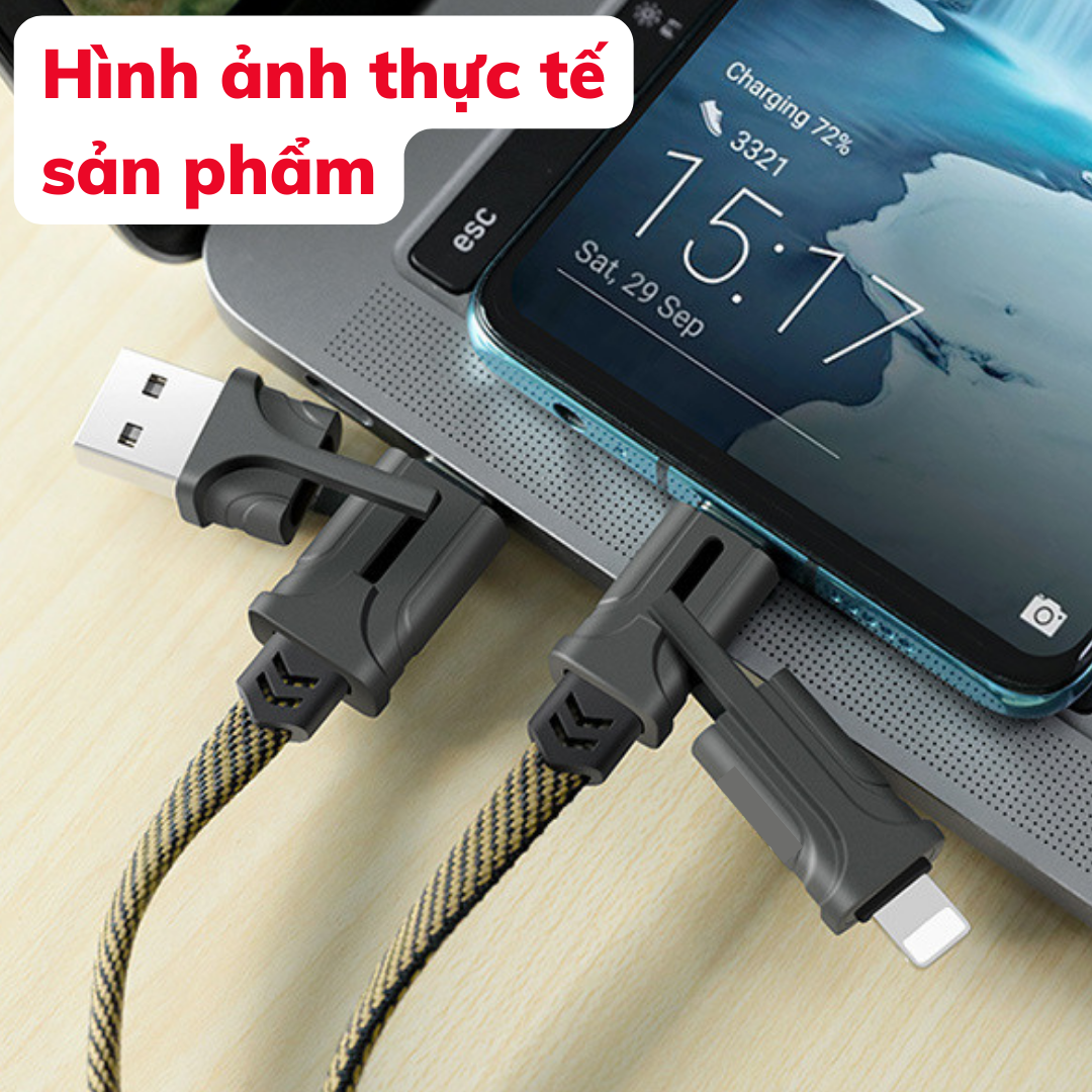 Dây Sạc Nhanh 4 Trong 1 TYPE-C &amp; USB hỗ trợ sạc laptop, 1pad, 1phone - Cáp sạc nhanh 3 đầu dài 1.2m