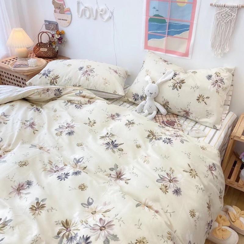 Set Ga Gối Cotton Living 100%cotton Hàng Nhập Khẩu Cao Cấp 4 Món Hoa Trắng Vintage