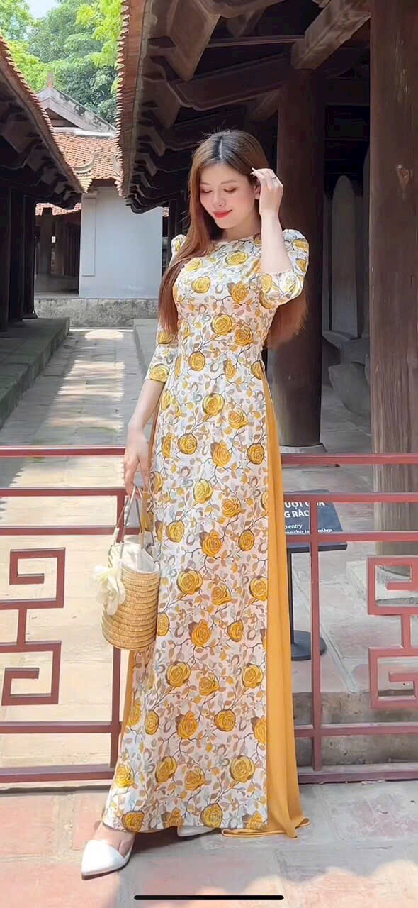 SÉT ÁO DÀI CỔ TRÒN IN HOA CAO CẤP