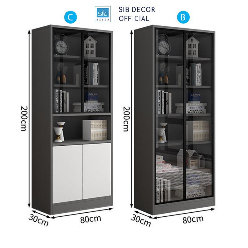 Set Tủ Sách Gỗ Nhiều Ngăn Tiện Lợi Phối Cửa Kính Trung Bày Hiện Đại Thương Hiệu SIB Decor KS603