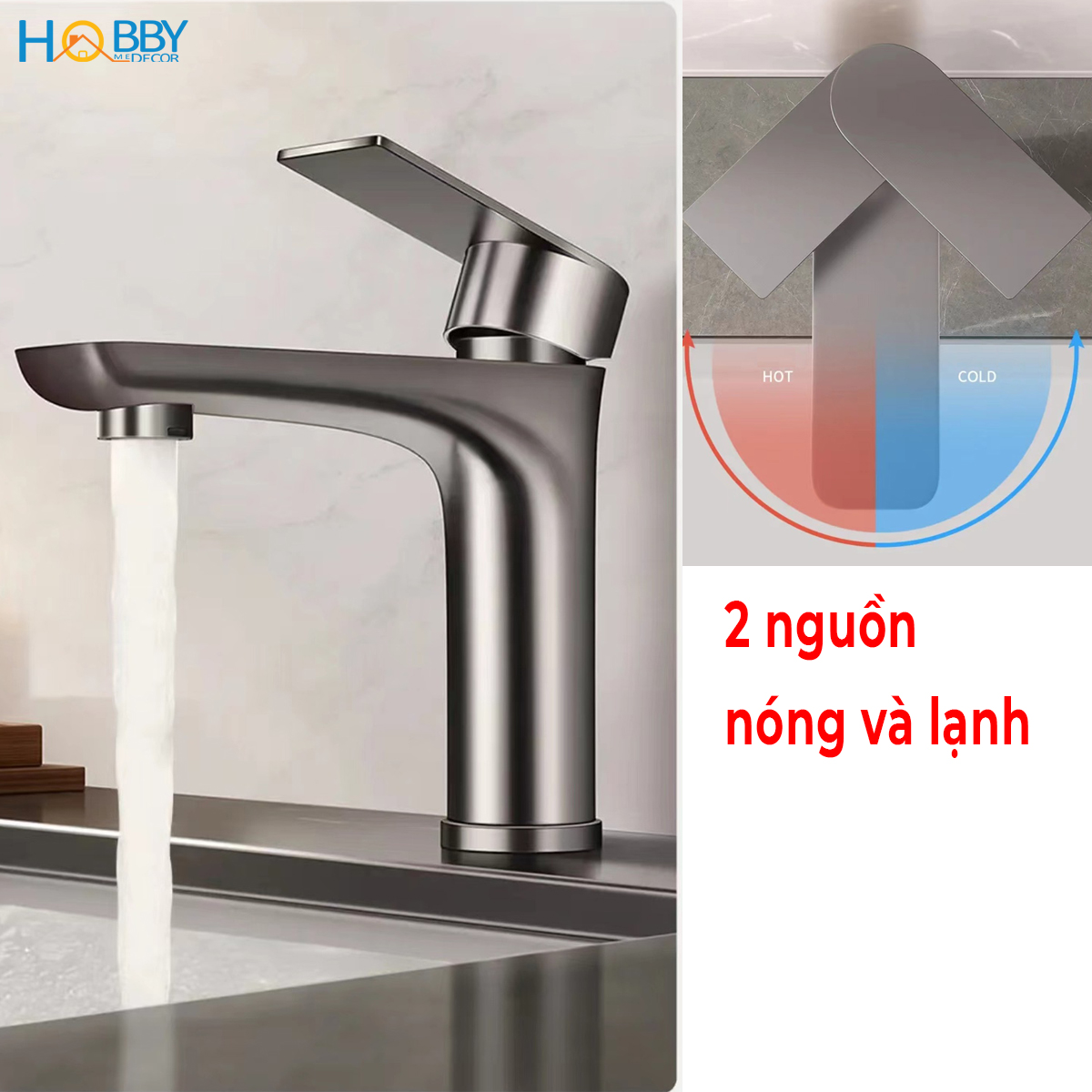 Vòi chậu rửa mặt nóng lạnh inox 304 sơn xám Hobby home decor VRM10